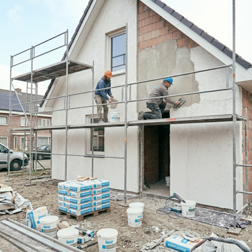 Vakmannen brengen crepi aan op een gevel vanop de stelling