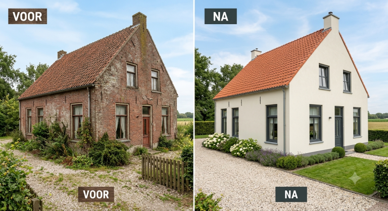 Gevel voor en na het aanbrengen van gevelbepleistering
